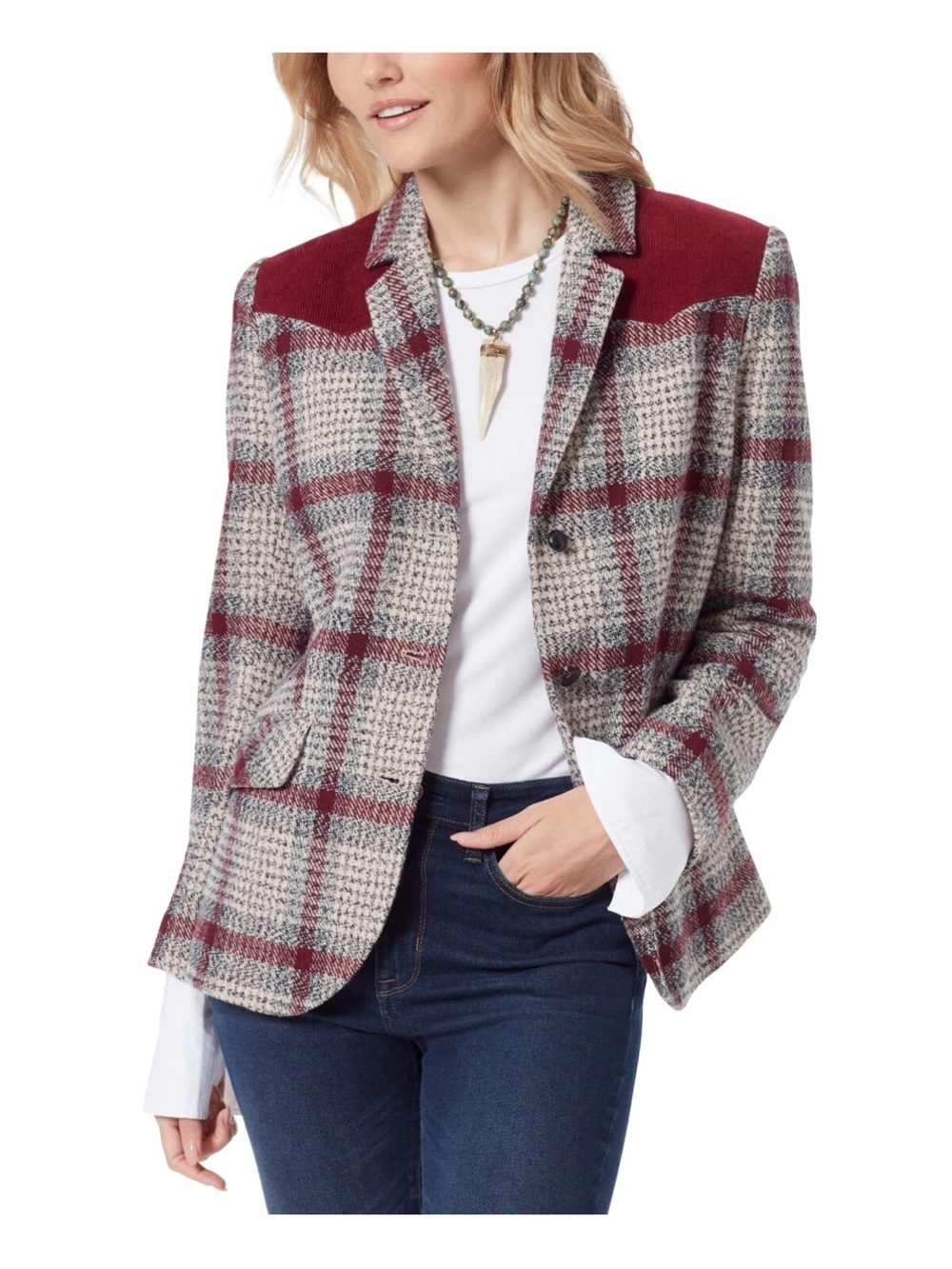 Sam Edelman Burgundy and Gray Plaid Blazer with Corduroy Yoke